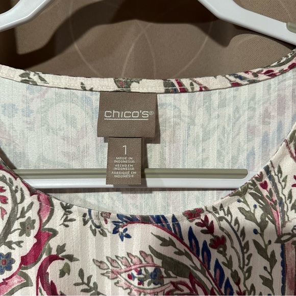 Chico's Women's Sueded Rib Paisley Print Pink/Cream/Green/Blue Top Size 1 / US M - Picture 2 of 3